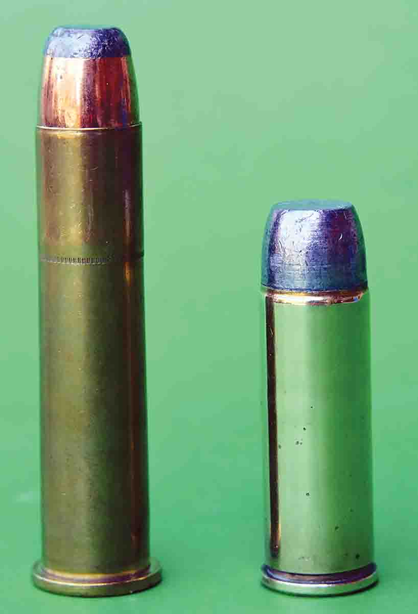 The 475 Linebaugh (right) is based on the 45-70 Government case (left) cut to 1.4 inches and the rim reduced from .608 inch to .542 inch.